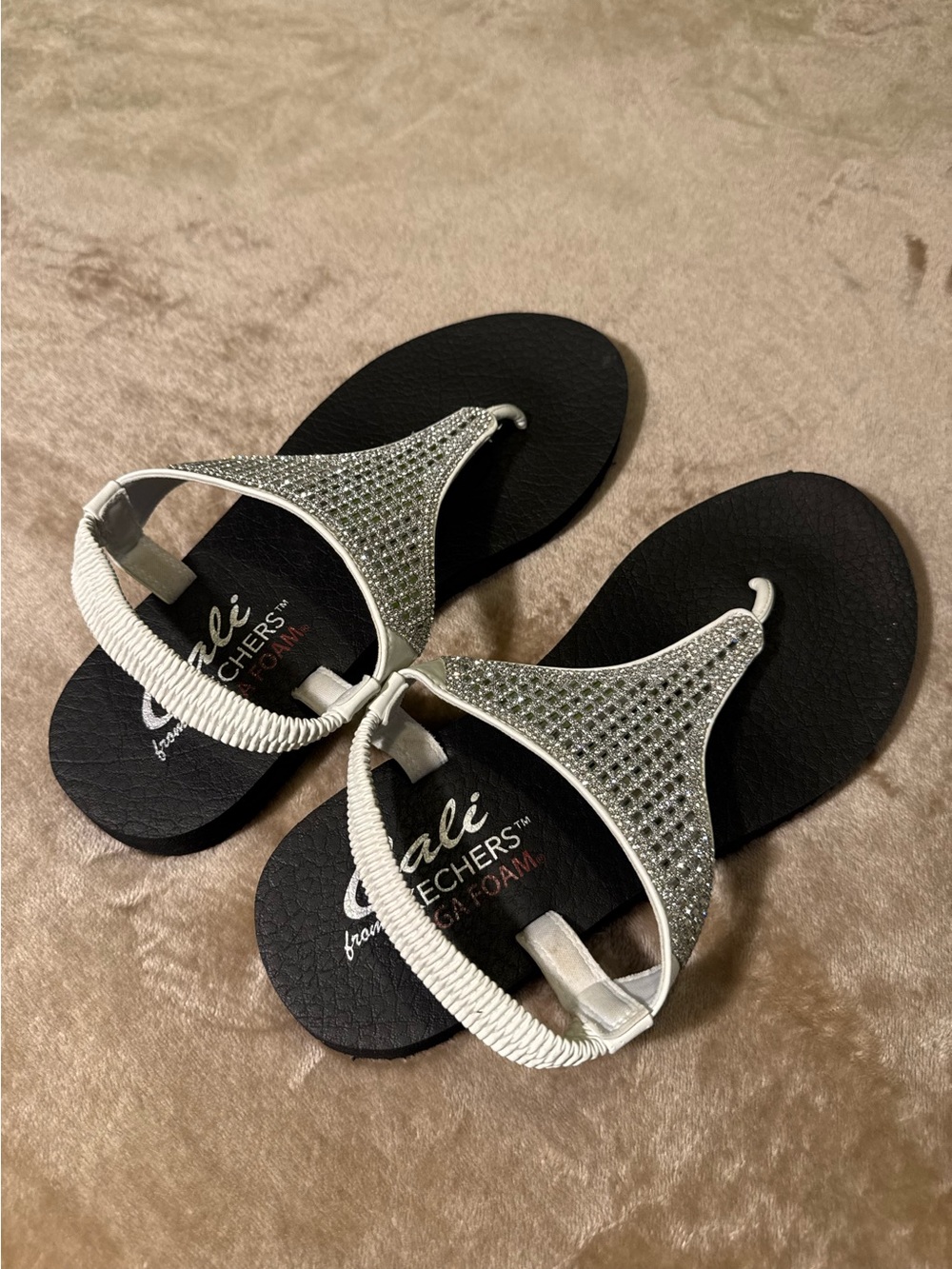 Skechers White Sandals with Silver Rhinestone T-Strap